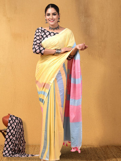 Indiehaat | Hand Dyed Khadi Cotton Saree Yellow