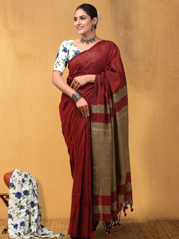 Indiehaat | Hand Dyed Khadi Cotton Saree Maroon