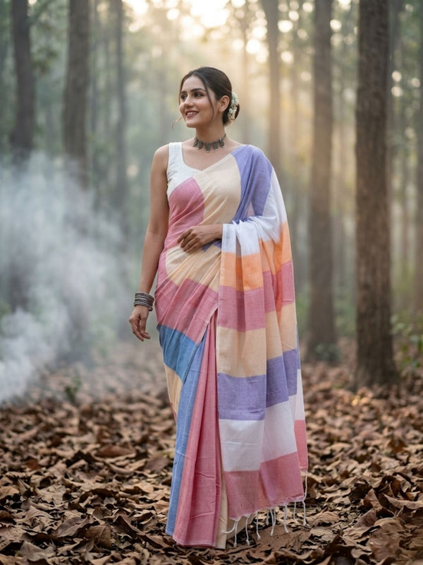 Indiehaat | Hand Dyed Khadi Cotton Saree Multicolor