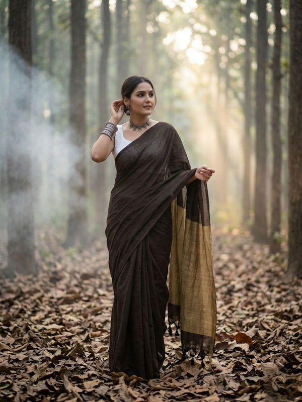 Indiehaat | Hand Dyed Khadi Cotton Saree Brown