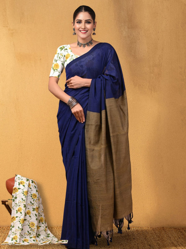 Indiehaat | Hand Dyed Khadi Cotton Saree Blue