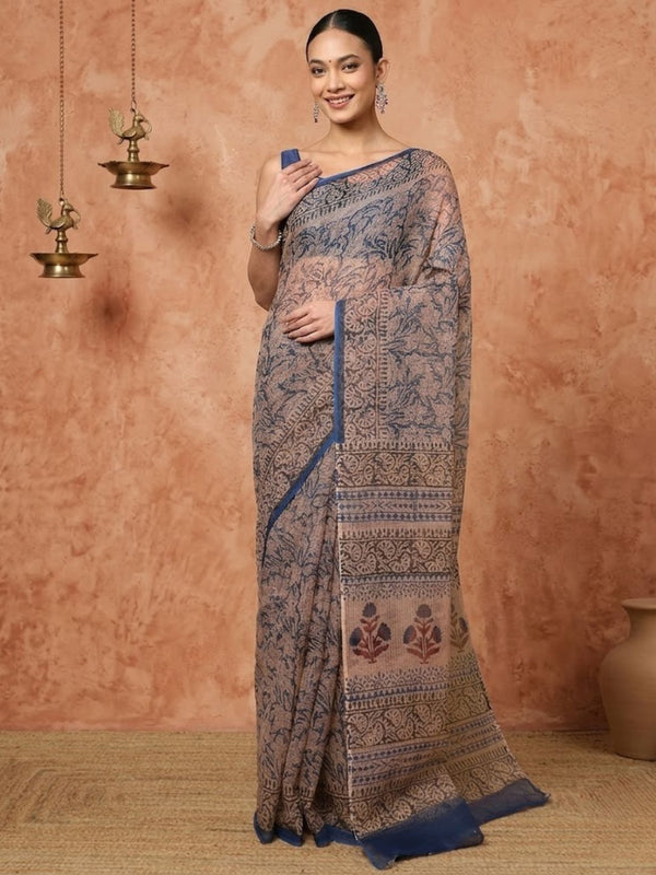 Indiehaat | Kota Doria Hand Block Print Multicolor Saree
