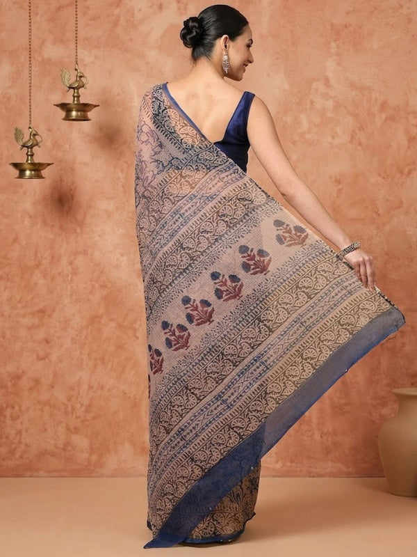 Indiehaat | Kota Doria Hand Block Print Multicolor Saree