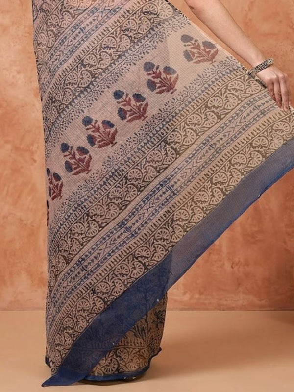 Indiehaat | Kota Doria Hand Block Print Multicolor Saree