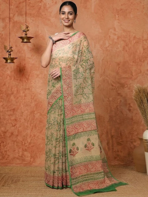 Indiehaat | Kota Doria Hand Block Print Multicolor Saree