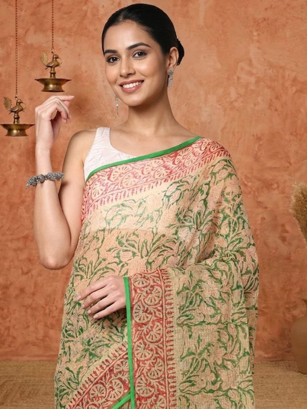 Indiehaat | Kota Doria Hand Block Print Multicolor Saree