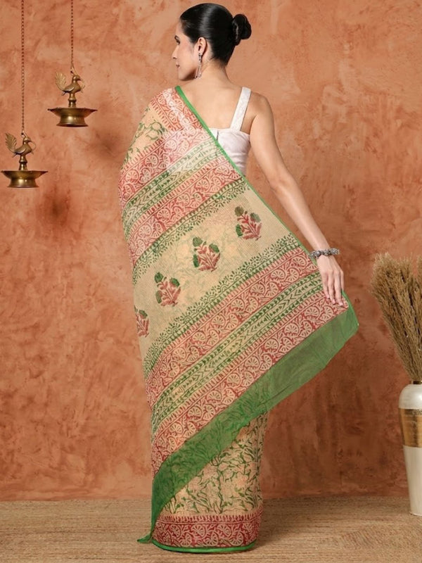 Indiehaat | Kota Doria Hand Block Print Multicolor Saree