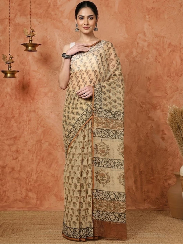 Indiehaat | Kota Doria Hand Block Print Multicolor Saree