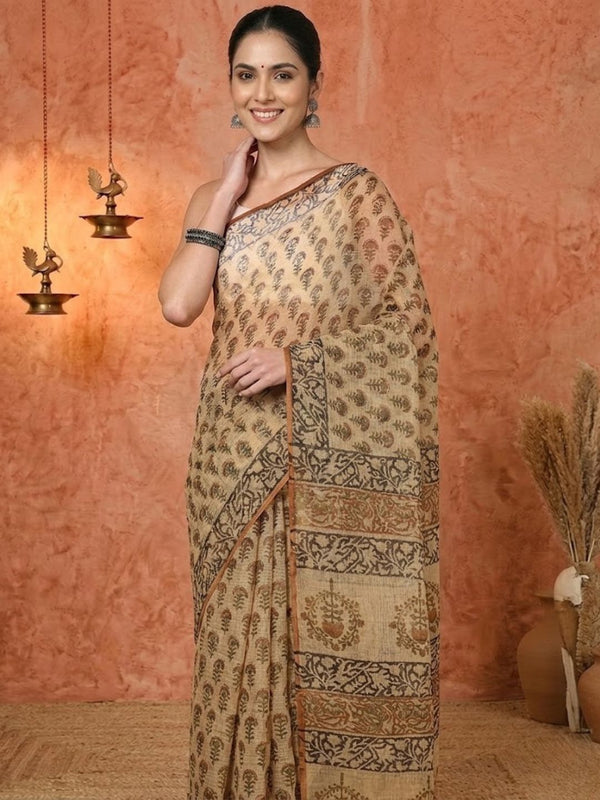 Indiehaat | Kota Doria Hand Block Print Multicolor Saree