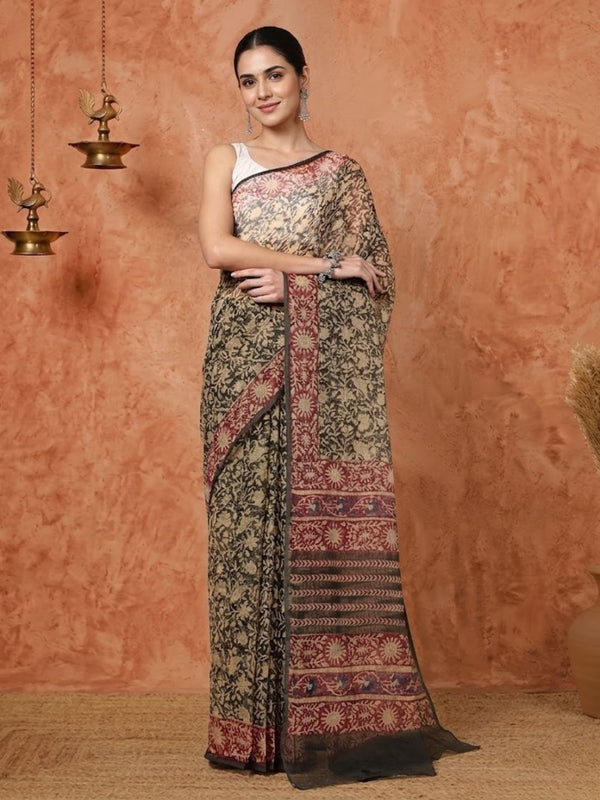 Indiehaat | Kota Doria Hand Block Print Multicolor Saree