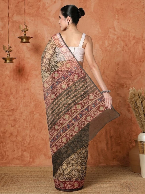 Indiehaat | Kota Doria Hand Block Print Multicolor Saree
