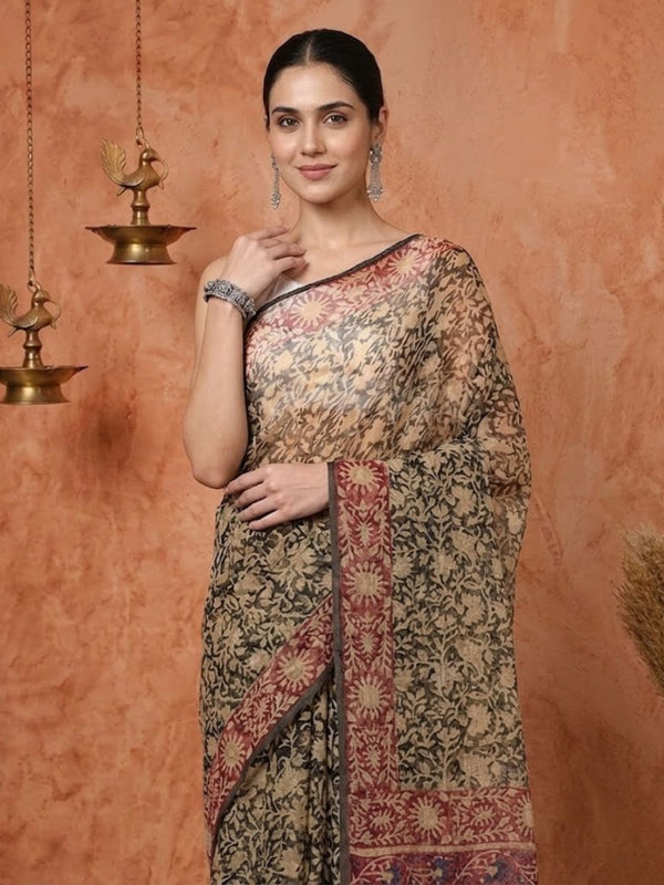 Indiehaat | Kota Doria Hand Block Print Multicolor Saree