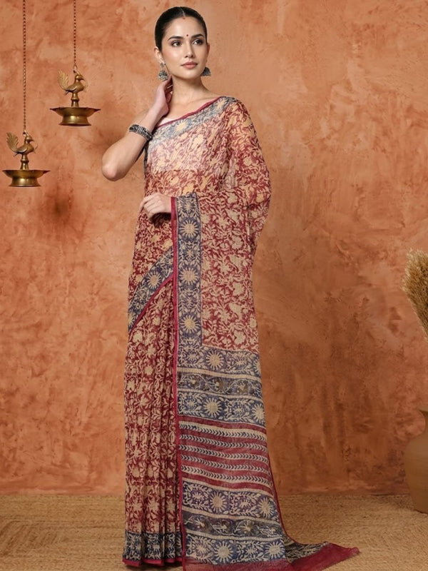 Indiehaat | Kota Doria Hand Block Print Multicolor Saree