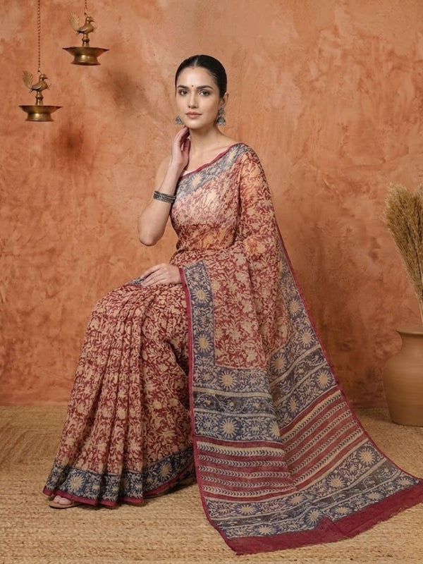 Indiehaat | Kota Doria Hand Block Print Multicolor Saree