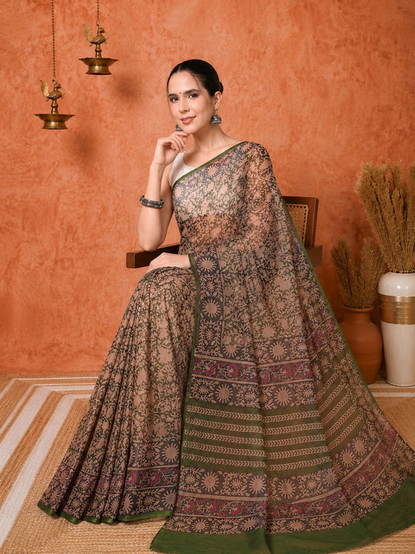 Indiehaat | Kota Doria Hand Block Print Multicolor Saree