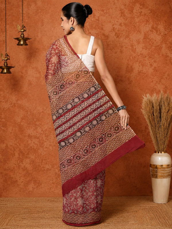 Indiehaat | Kota Doria Hand Block Print Multicolor Saree
