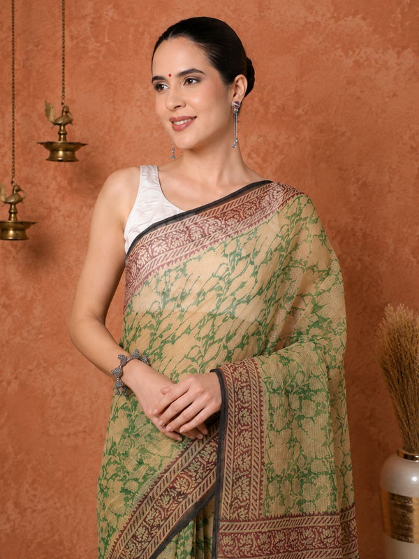 Indiehaat | Kota Doria Hand Block Print Multicolor Saree