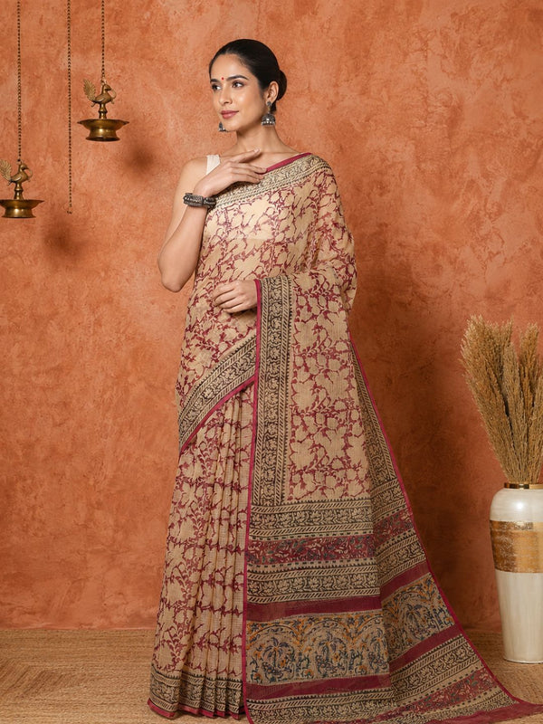 Indiehaat | Kota Doria Hand Block Print Multicolor Saree