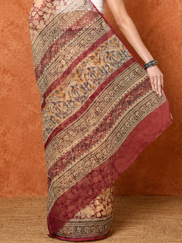Indiehaat | Kota Doria Hand Block Print Multicolor Saree