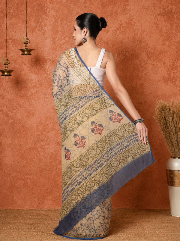 Indiehaat | Kota Doria Hand Block Print Multicolor Saree
