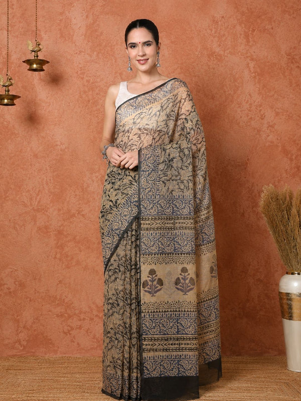 Indiehaat | Kota Doria Hand Block Print Multicolor Saree