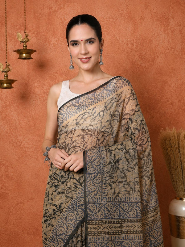 Indiehaat | Kota Doria Hand Block Print Multicolor Saree