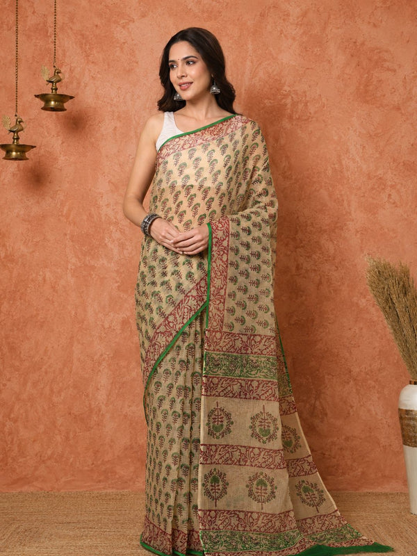 Indiehaat | Kota Doria Hand Block Print Multicolor Saree