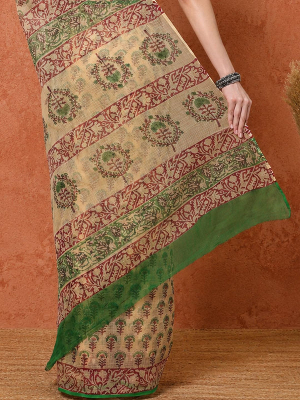 Indiehaat | Kota Doria Hand Block Print Multicolor Saree