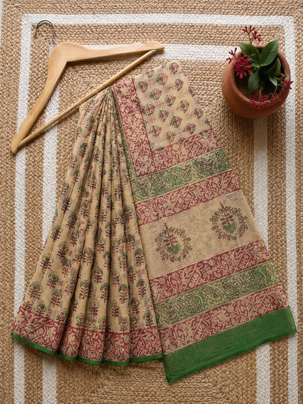 Indiehaat | Kota Doria Hand Block Print Multicolor Saree