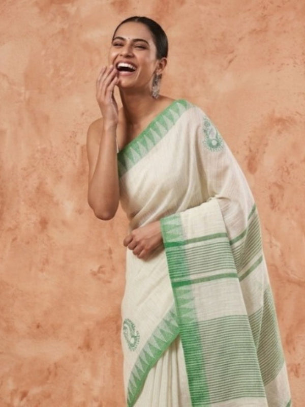 Indiehaat | Kora Silk Handloom Embroidered Saree White