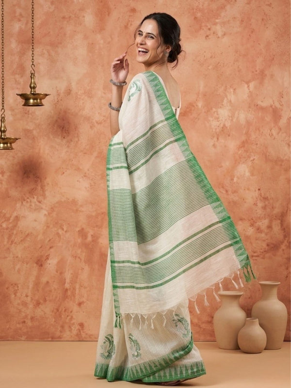 Indiehaat | Kora Silk Handloom Embroidered Saree White