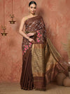 Indiehaat | Kota Silk Ghicha Stripe Embroidery Saree Brown