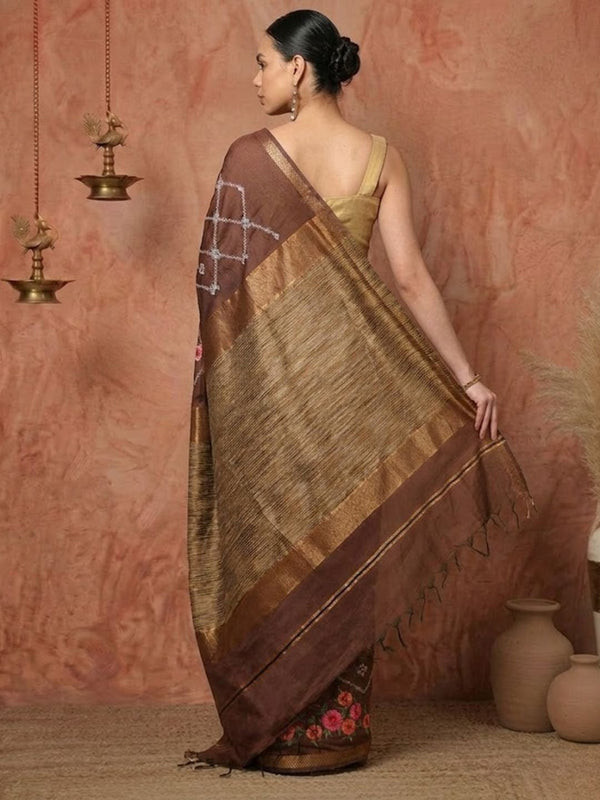 Indiehaat | Kota Silk Ghicha Stripe Embroidery Saree Brown