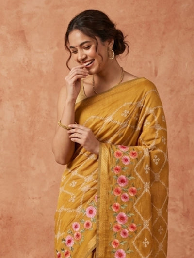 Indiehaat | Kota Silk Ghicha Stripe Embroidery Saree Yellow