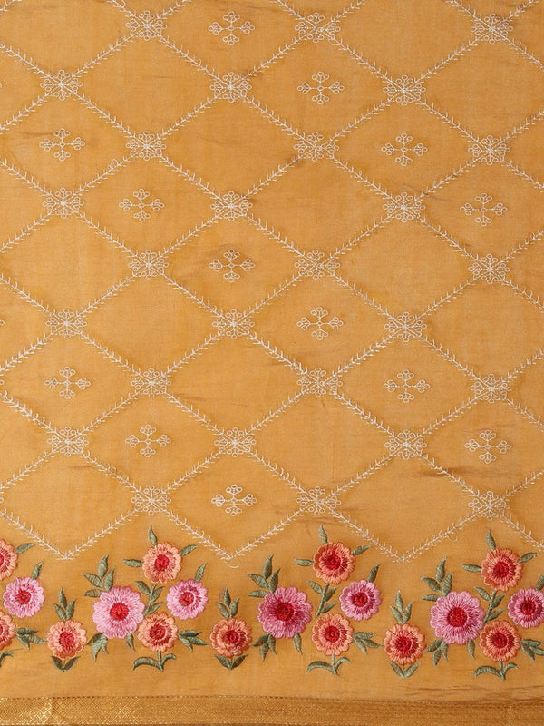 Indiehaat | Kota Silk Ghicha Stripe Embroidery Saree Yellow