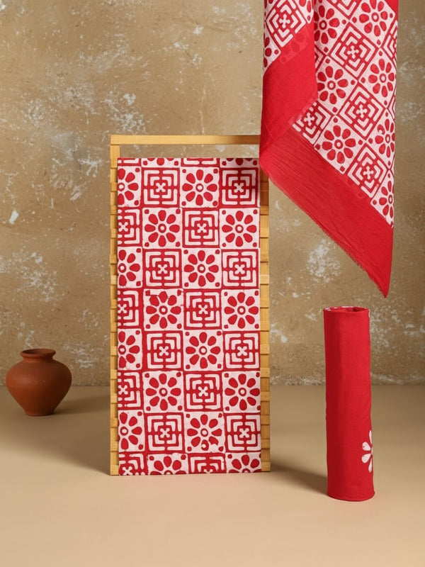 Indiehaat | Pure Mul Cotton Hand Wax Batik Suit Red