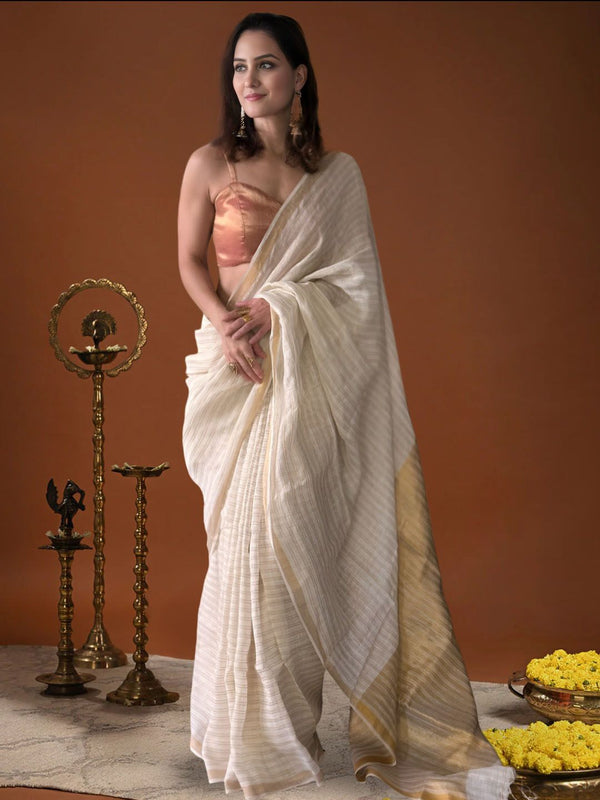 Indiehaat | Pure Linen Zari Weaving White Saree