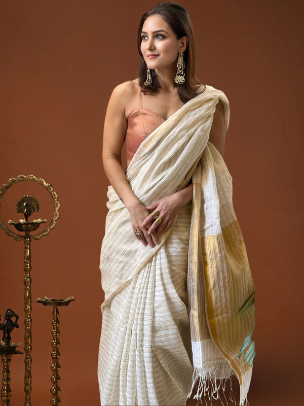 Indiehaat | Pure Linen Zari Weaving White Saree