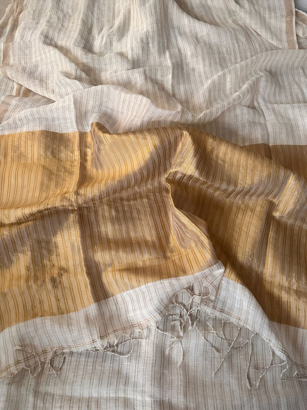 Indiehaat | Pure Linen Zari Weaving White Saree