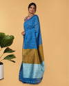 Silk Linen Plain Saree Sky Blue Color with contrast border and attached Running Blouse-Indiehaat