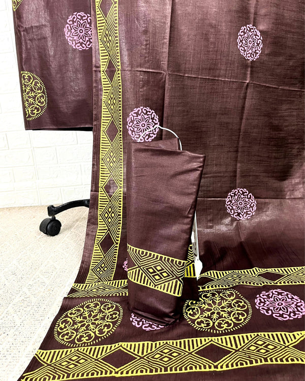 Katan Silk Earthy Blockprint Brown Suit