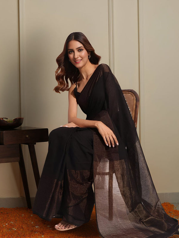 Indiehaat | Pure Linen Zari Weaving Saree Black