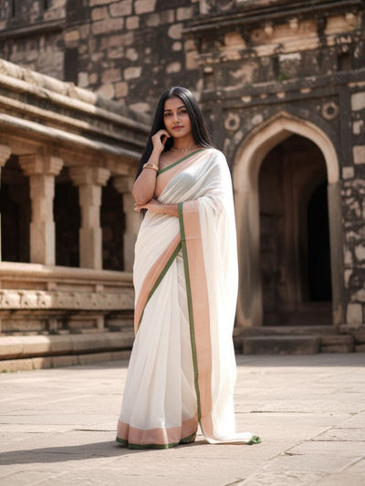 Indiehaat | Pure Mul Cotton Handloom Saree White