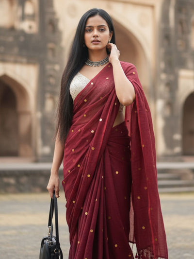 Indiehaat | Pure Mul Cotton Sequin Saree Red
