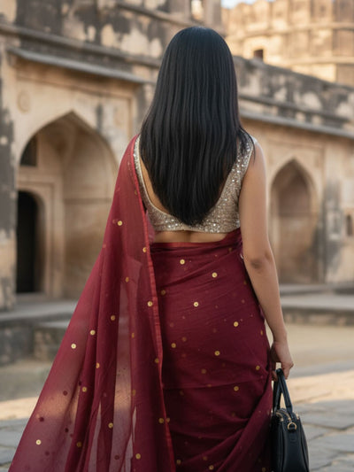 Indiehaat | Pure Mul Cotton Sequin Saree Red