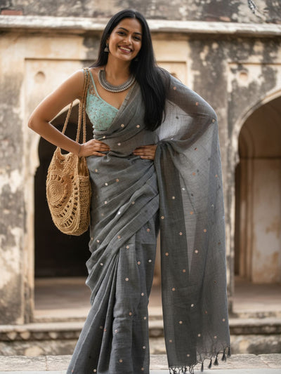 Indiehaat | Pure Mul Cotton Sequin Saree Gray