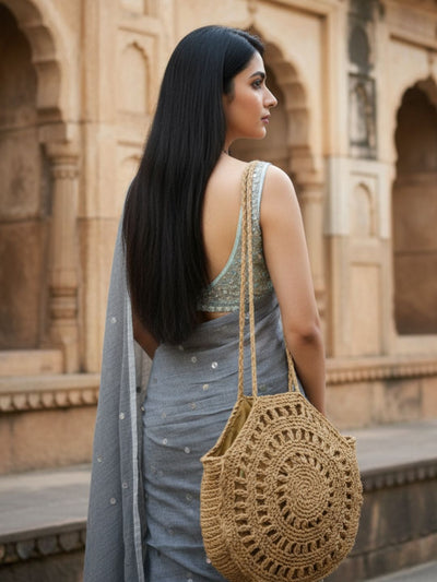 Indiehaat | Pure Mul Cotton Sequin Saree Gray
