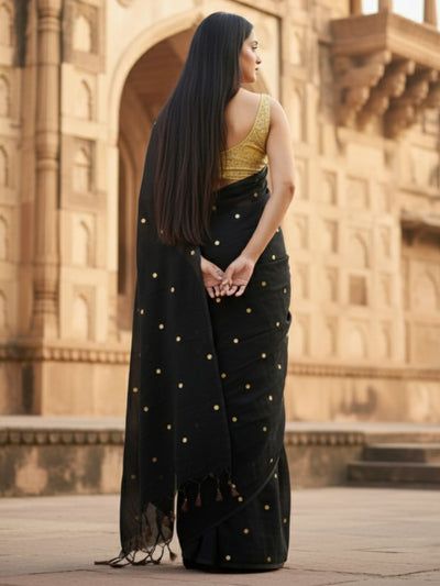 Indiehaat | Pure Mul Cotton Sequin Saree Black
