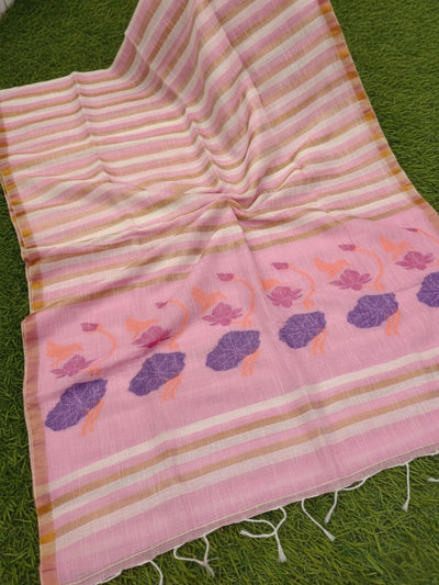 Indiehaat | Pure Linen Hand Weaving Saree Pink