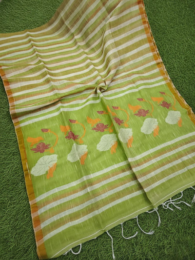 Indiehaat | Pure Linen Hand Weaving Saree Green